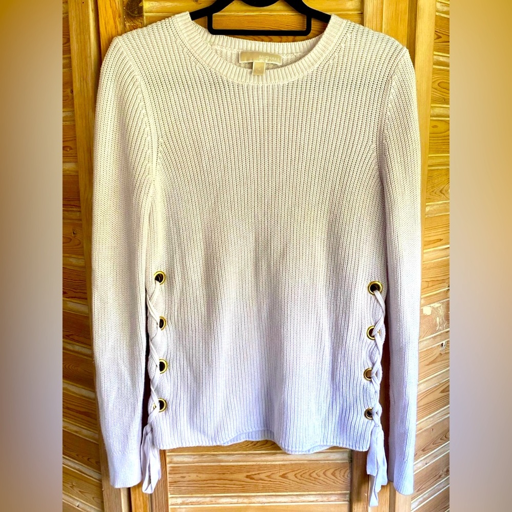 Michael Kors Womens Sweater White Knit Grommet Ties Pullover Size medium